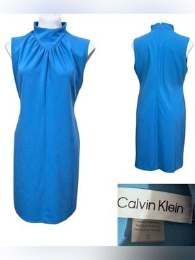 Calvin Klein dress sz 12  Blue Sleeveless Mock Neck Sheath knee length stretch